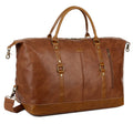 Brown leather duffel bag with two handles, gold hardware, and a zippered side pocket.