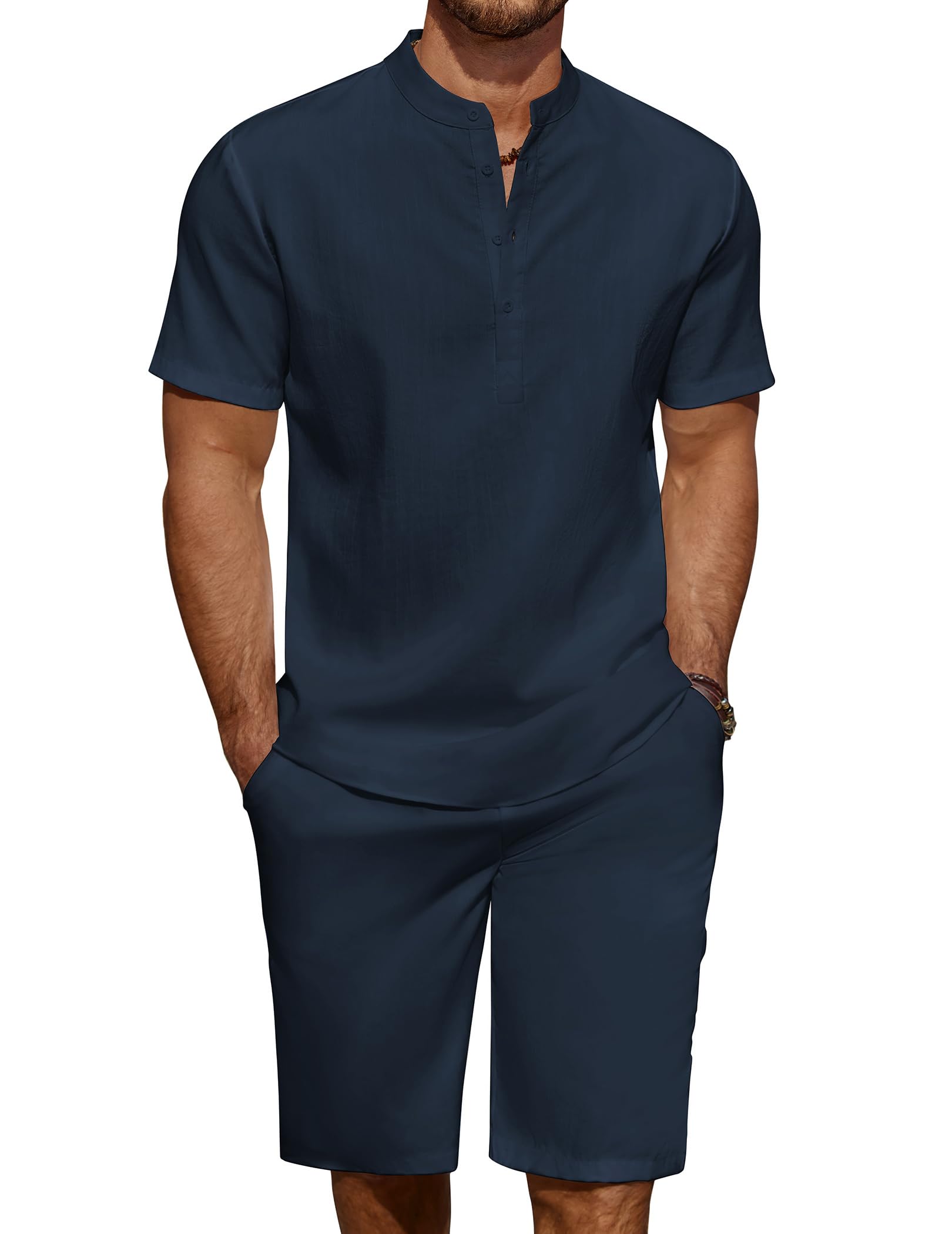 COOFANDY Men's Linen Henley Shirt & Shorts Set