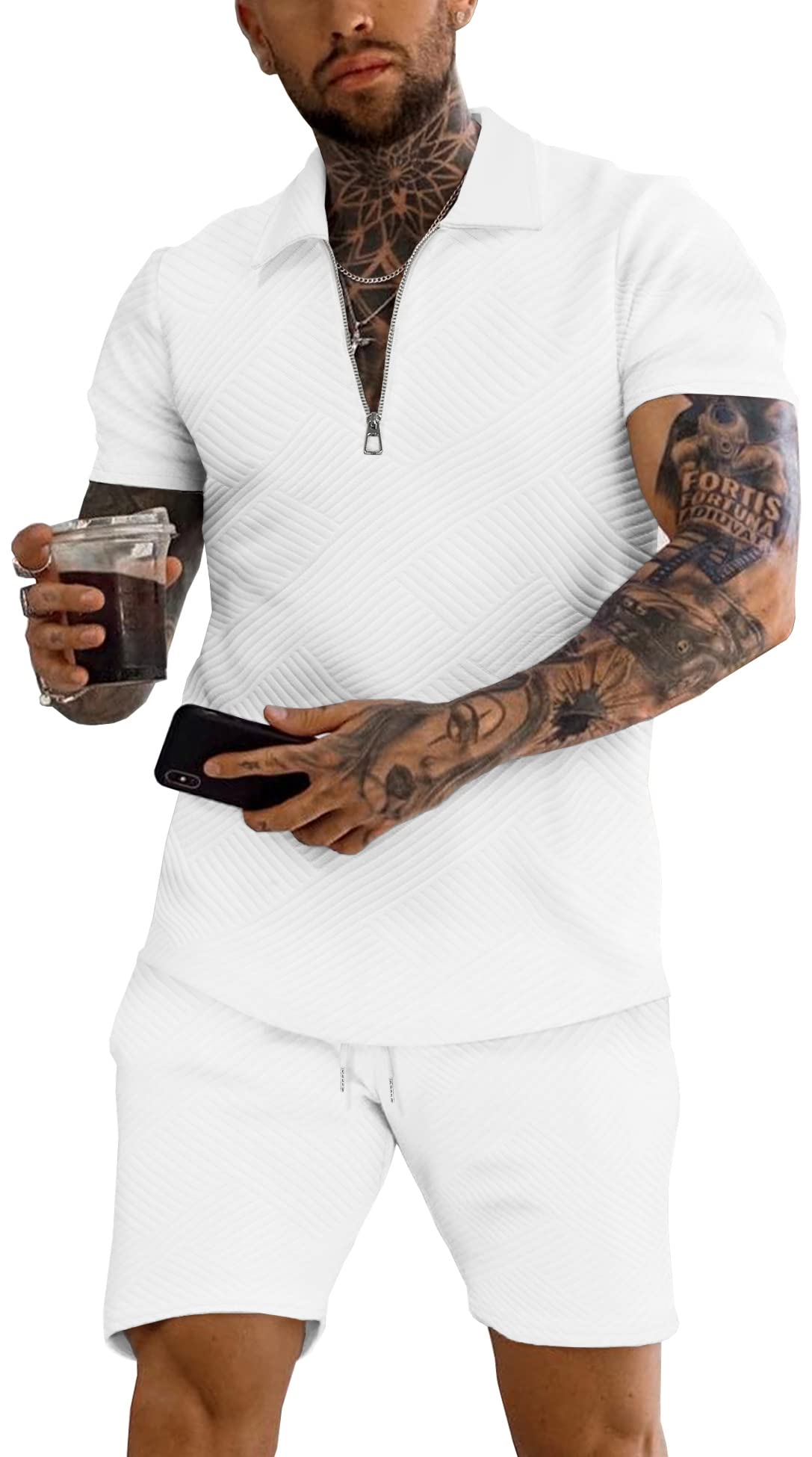 URRU Men's 2-Piece 3D Textured Polo & Shorts Set