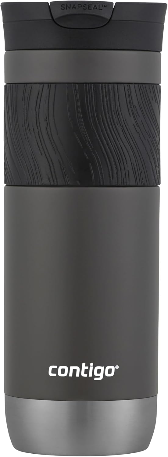 Gray travel mug with textured black grip, silver base, and "contigo" logo in white.