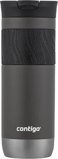 Gray travel mug with textured black grip, silver base, and "contigo" logo in white.