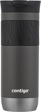 Gray travel mug with textured black grip, silver base, and "contigo" logo in white.