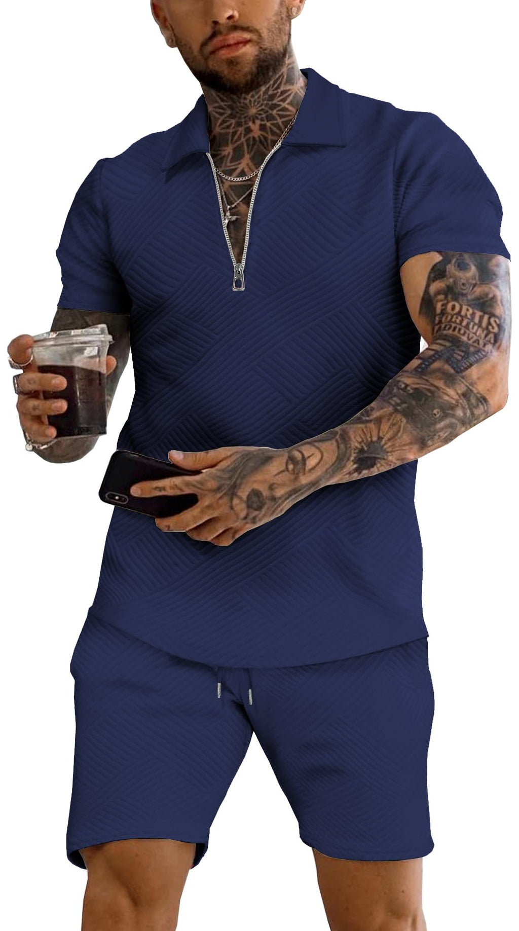 URRU Men's 2-Piece 3D Textured Polo & Shorts Set