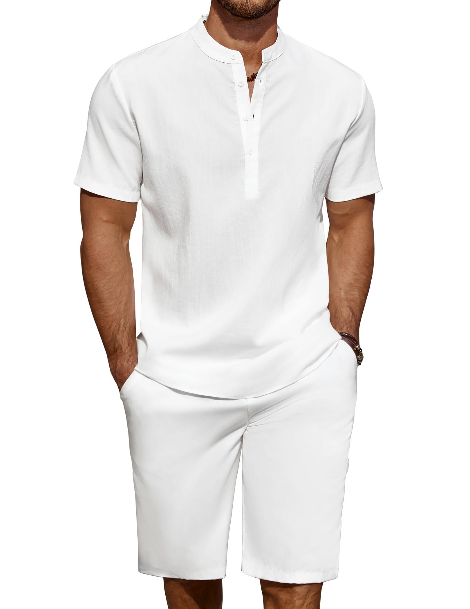 COOFANDY Men's Linen Henley Shirt & Shorts Set