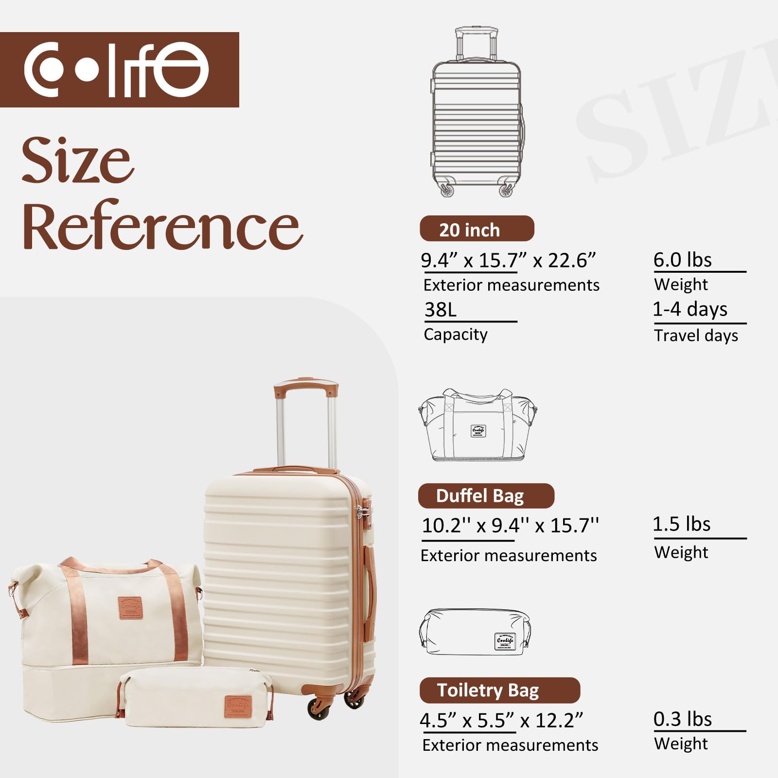 Coolife 3-Piece Hardside Luggage Set - Apricot White