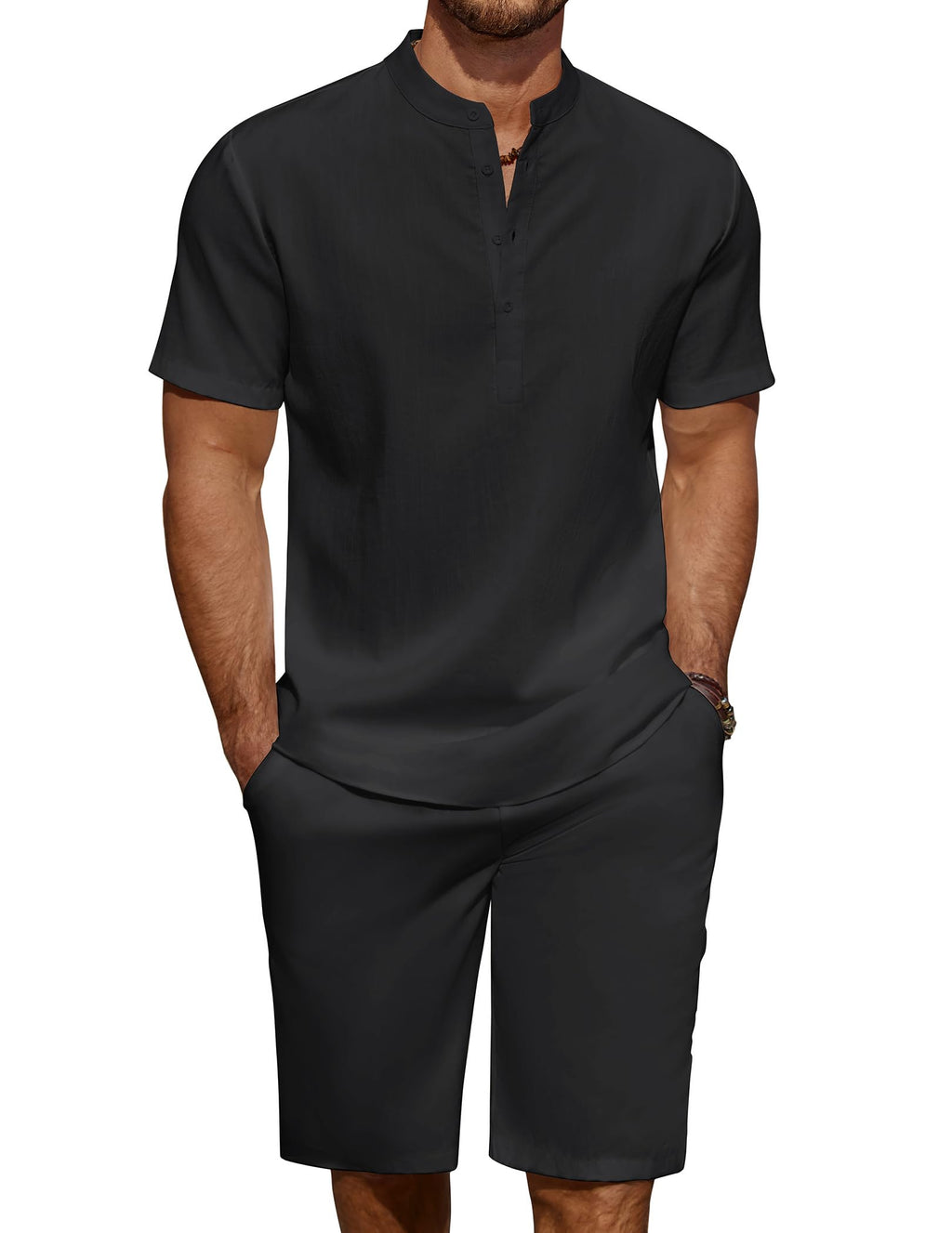 COOFANDY Men's Linen Henley Shirt & Shorts Set