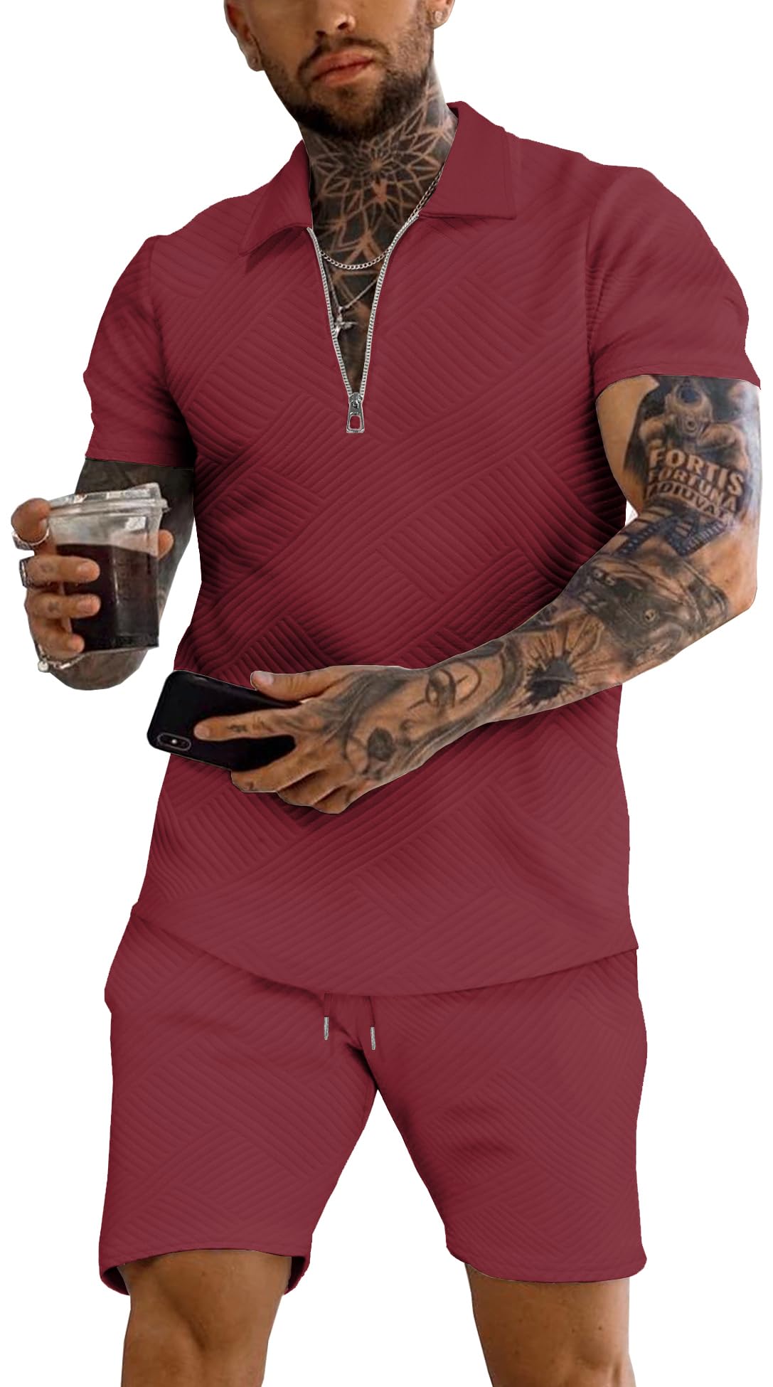 URRU Men's 2-Piece 3D Textured Polo & Shorts Set