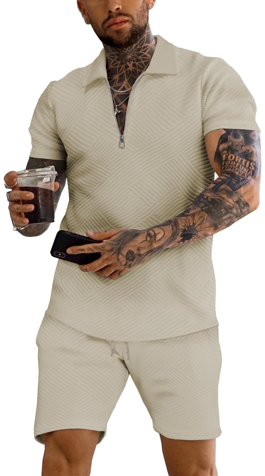 URRU Men's 2-Piece 3D Textured Polo & Shorts Set