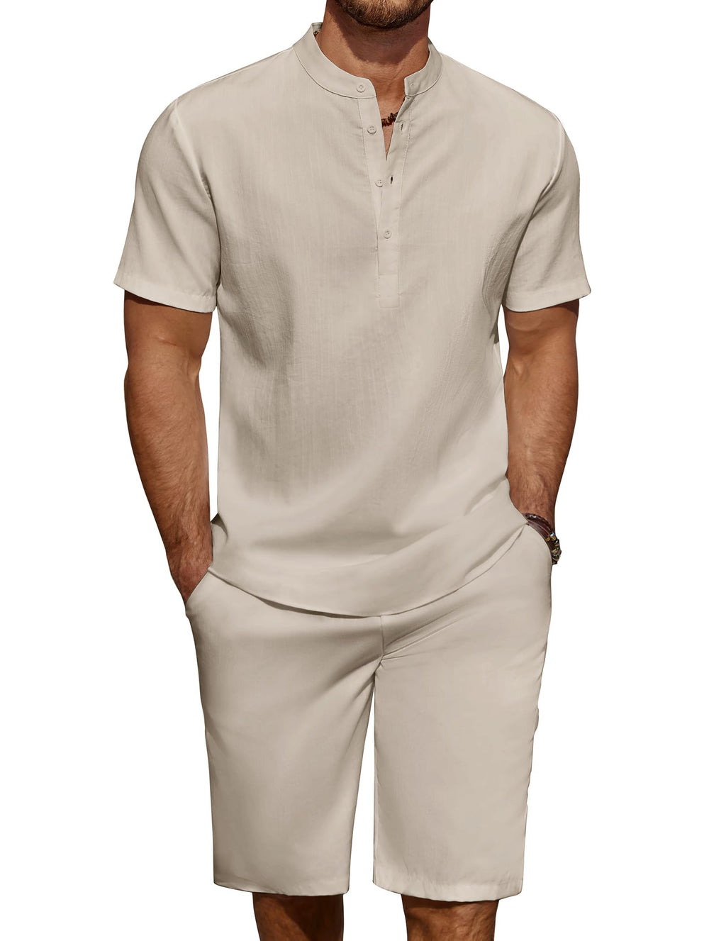 COOFANDY Men's Linen Henley Shirt & Shorts Set