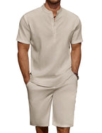 COOFANDY Men's Linen Henley Shirt & Shorts Set
