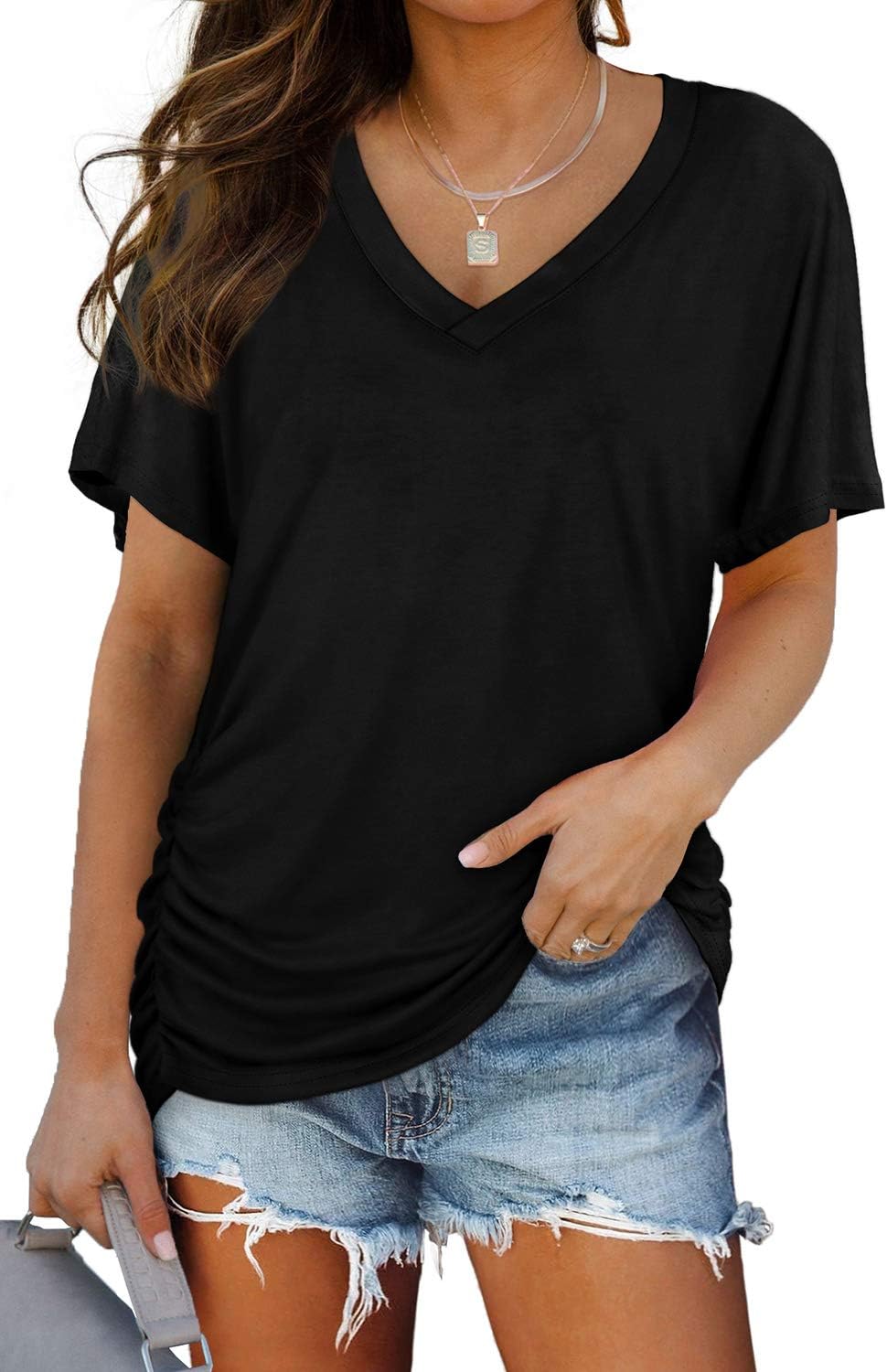 WIHOLL V-Neck Dolman Top with Side Shirring - Women's T Shirts by Handbags Specialist Headquarter | Available at Handbags Specialist Headquarter