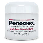 White jar with black and red text, "Penetrex Daily Joint & Muscle Care," on the label.