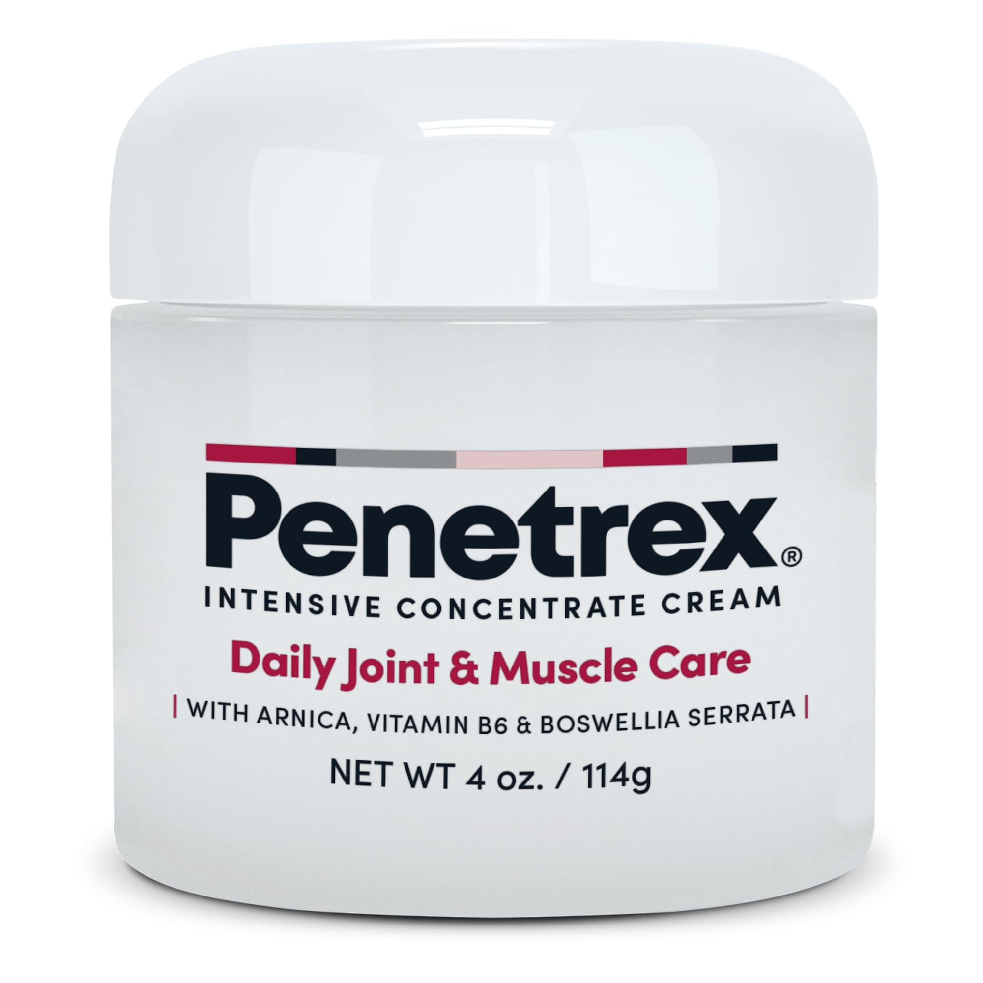White jar with black and red text, "Penetrex Daily Joint & Muscle Care," on the label.
