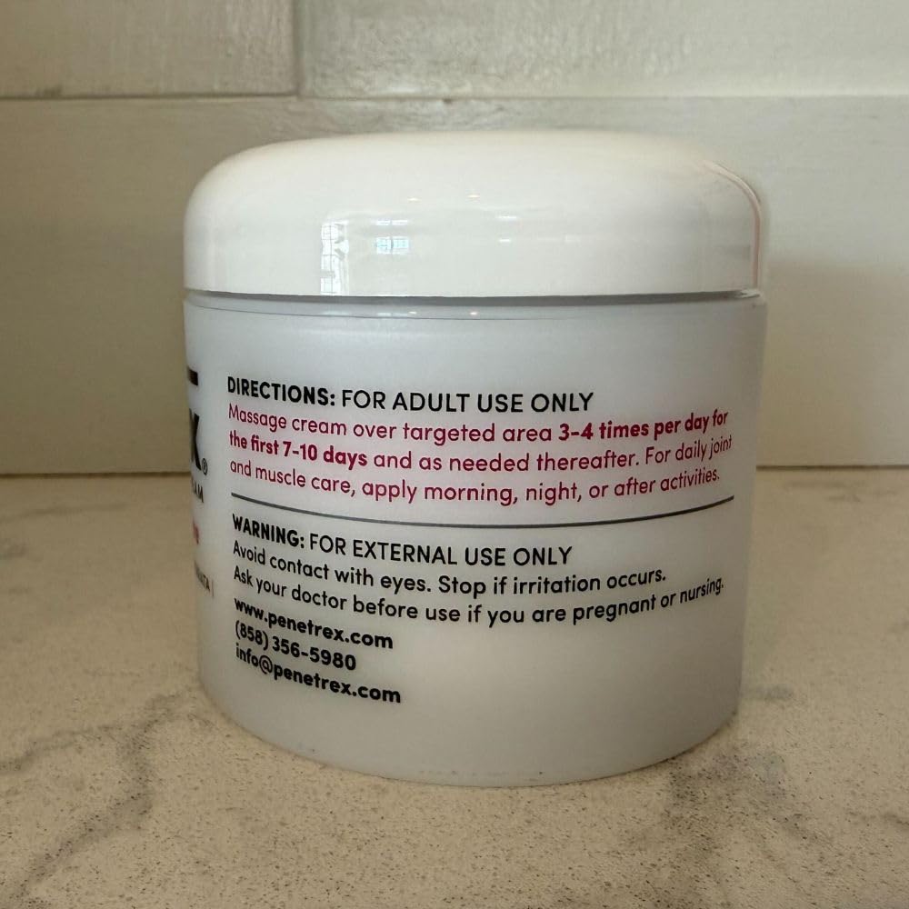 White jar of Penetrex cream with printed usage directions and warnings on the label. - Penetrex Cream Duo Pack - 2oz & 4oz Jars - 4 Ounce (Pack of 1) - Handbags Specialist Headquarter