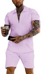 URRU Men's 2-Piece 3D Textured Polo & Shorts Set