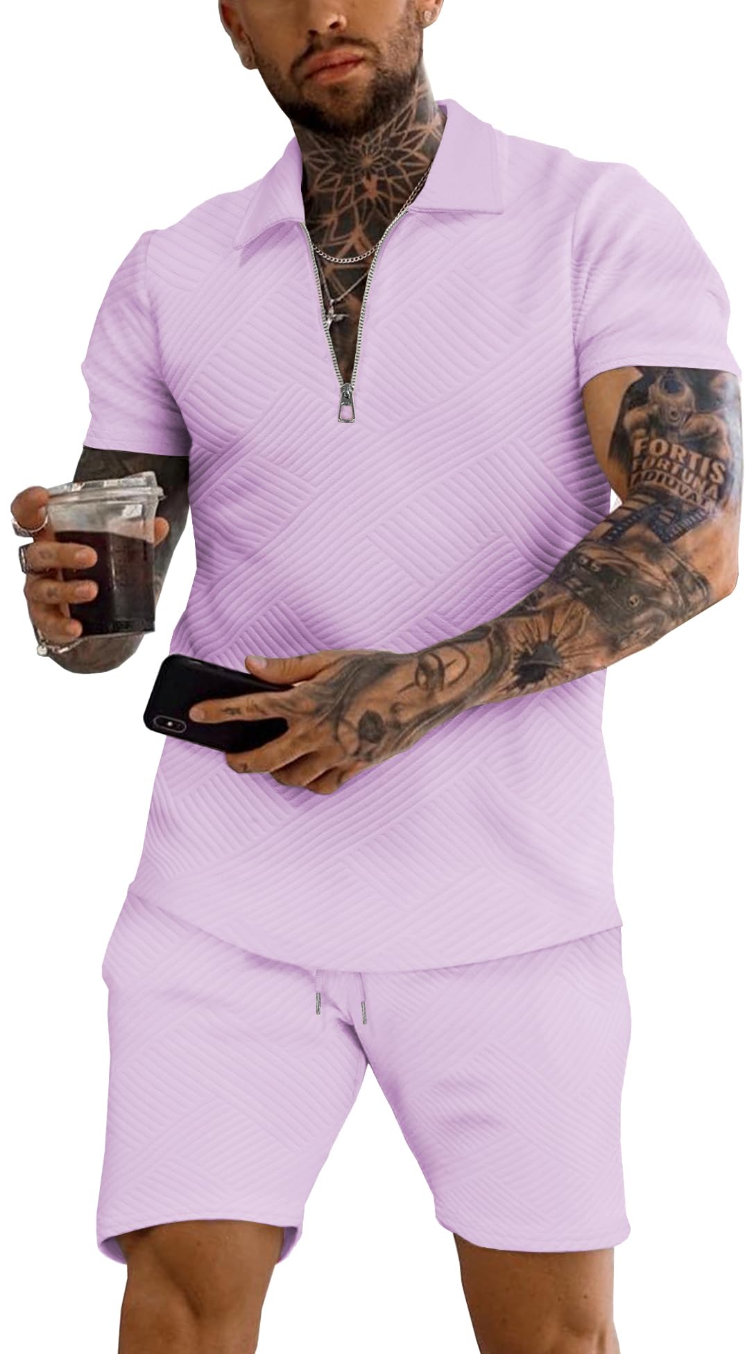 URRU Men's 2-Piece 3D Textured Polo & Shorts Set