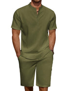 COOFANDY Men's Linen Henley Shirt & Shorts Set