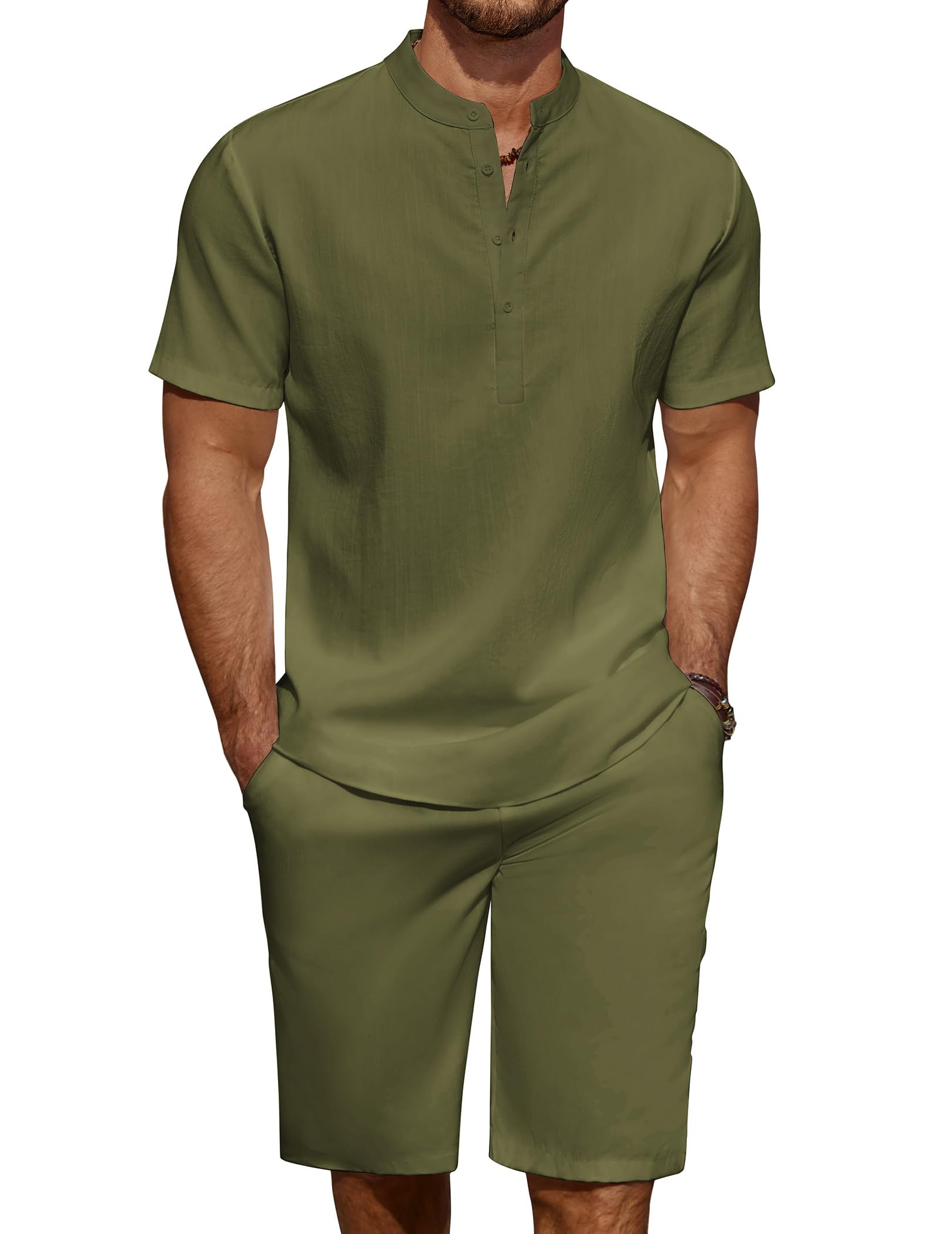 COOFANDY Men's Linen Henley Shirt & Shorts Set