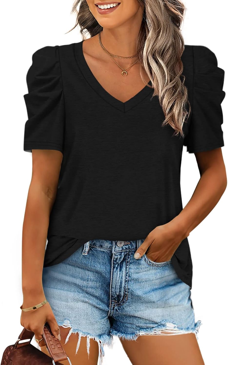 XIEERDUO Summer V-Neck Puff Sleeve Tee - All Sizes - Women's T Shirts by Handbags Specialist Headquarter | Available at Handbags Specialist Headquarter