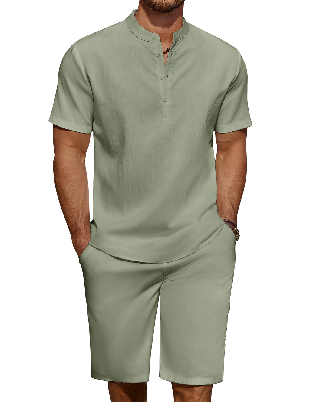 COOFANDY Men's Linen Henley Shirt & Shorts Set