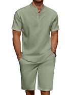COOFANDY Men's Linen Henley Shirt & Shorts Set