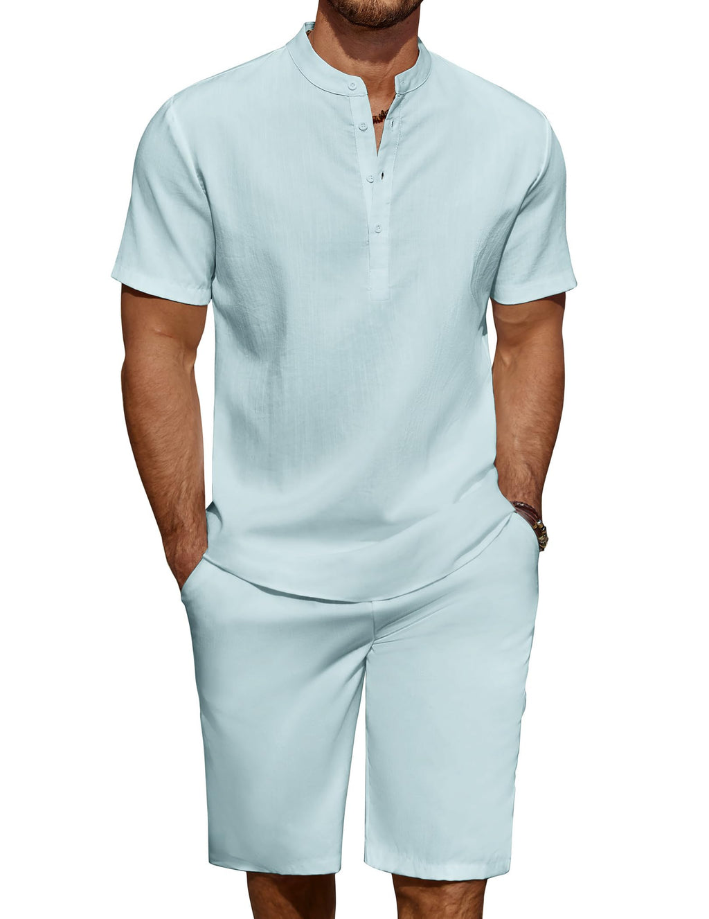 COOFANDY Men's Linen Henley Shirt & Shorts Set