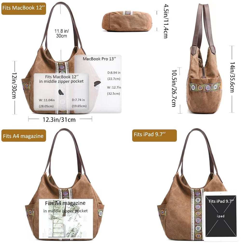 Worldlyda Women Canvas Embroidered Hobo Tote Bag