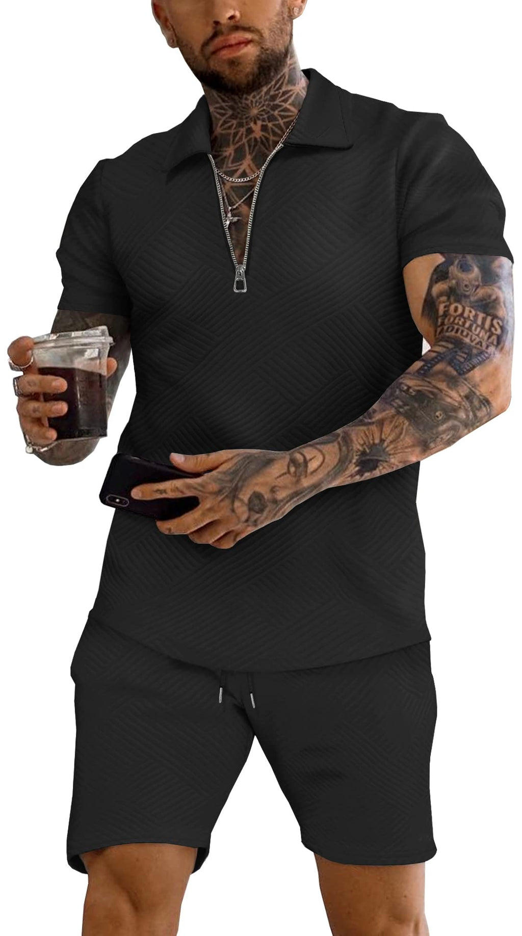 URRU Men's 2-Piece 3D Textured Polo & Shorts Set