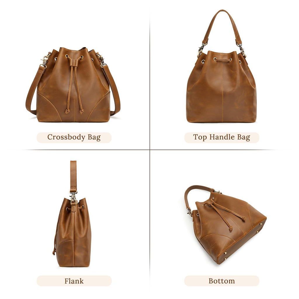 S-ZONE Luxe Leather Drawstring Bucket Bag -  by Handbags Specialist Headquarter | Available at Handbags Specialist Headquarter