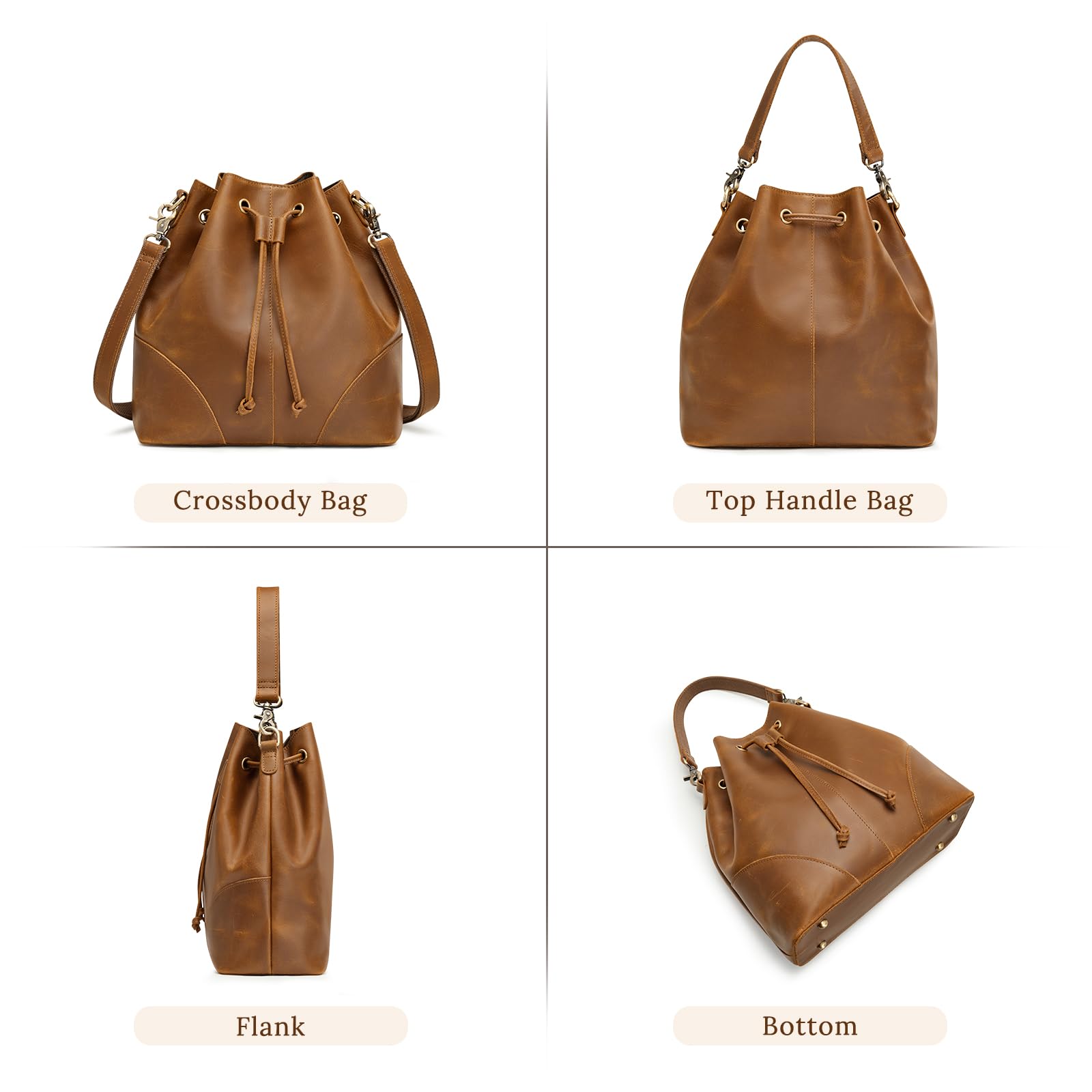 S-ZONE Luxe Leather Drawstring Bucket Bag -  by Handbags Specialist Headquarter | Available at Handbags Specialist Headquarter