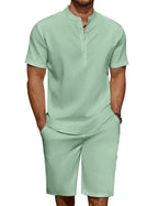 COOFANDY Men's Linen Henley Shirt & Shorts Set