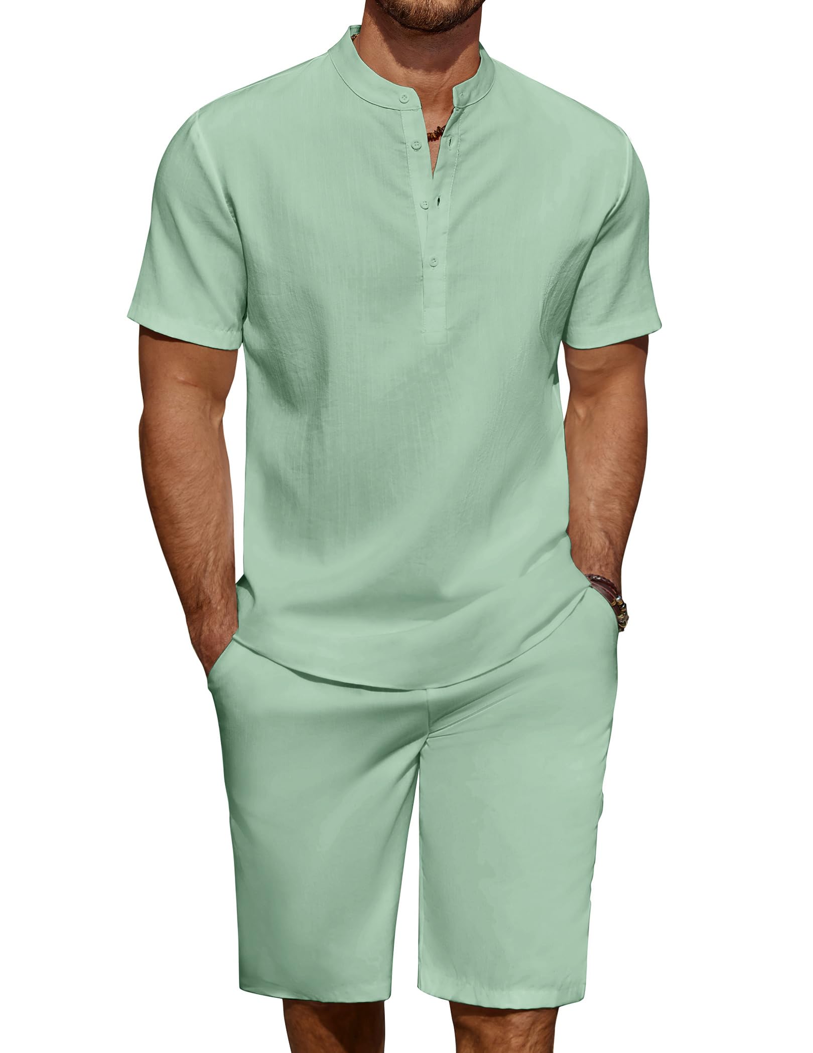 COOFANDY Men's Linen Henley Shirt & Shorts Set