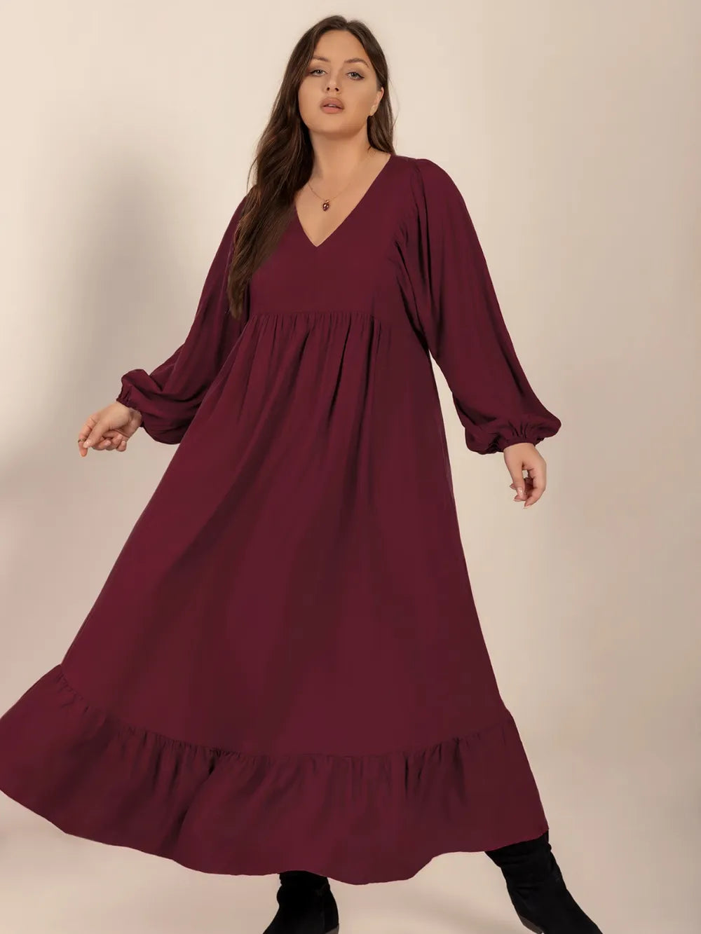 Plus Size Ruffled Hem V-Neck Balloon Sleeve Dress - Dresses by Trendsi | Available at Handbags Specialist Headquarter