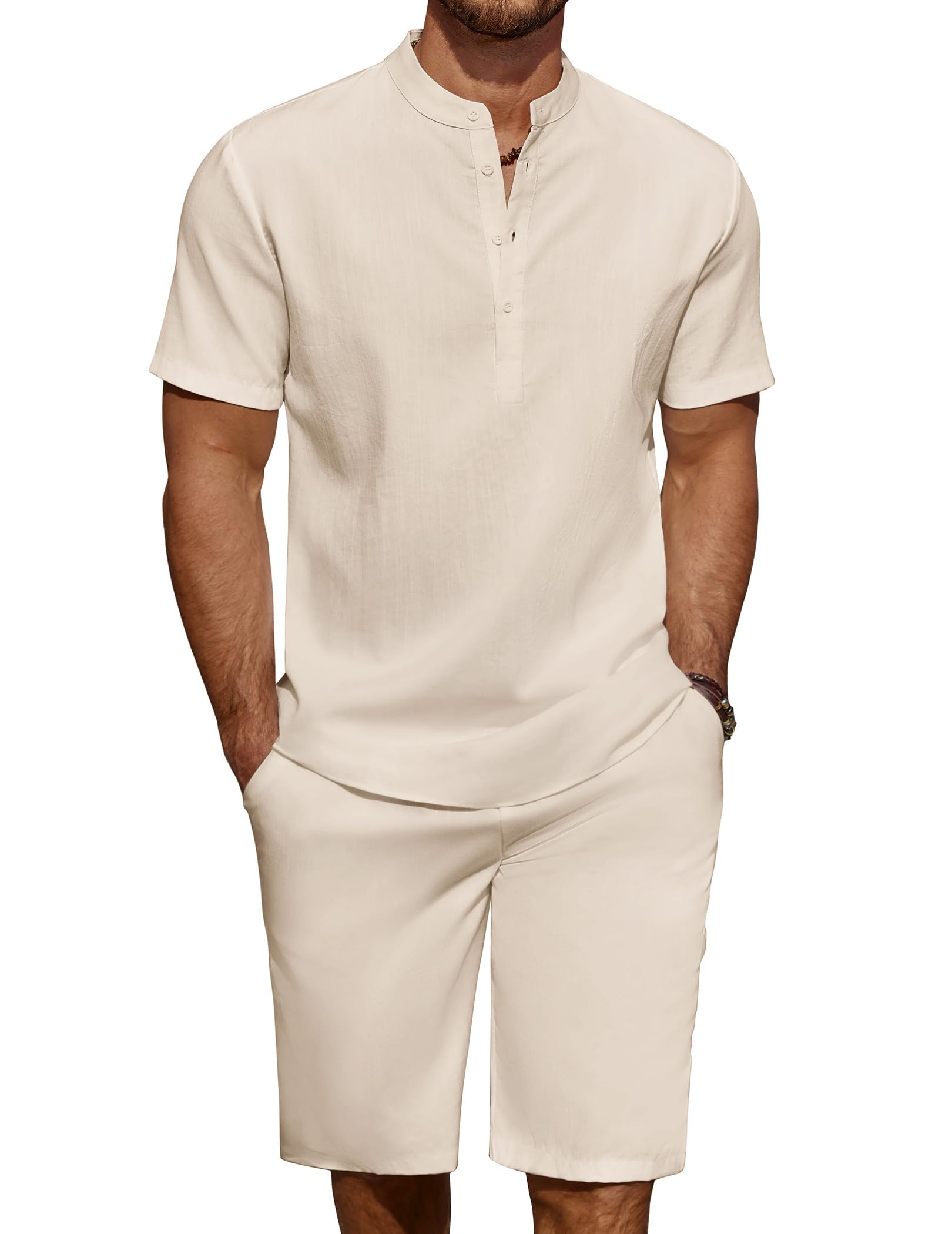 COOFANDY Men's Linen Henley Shirt & Shorts Set