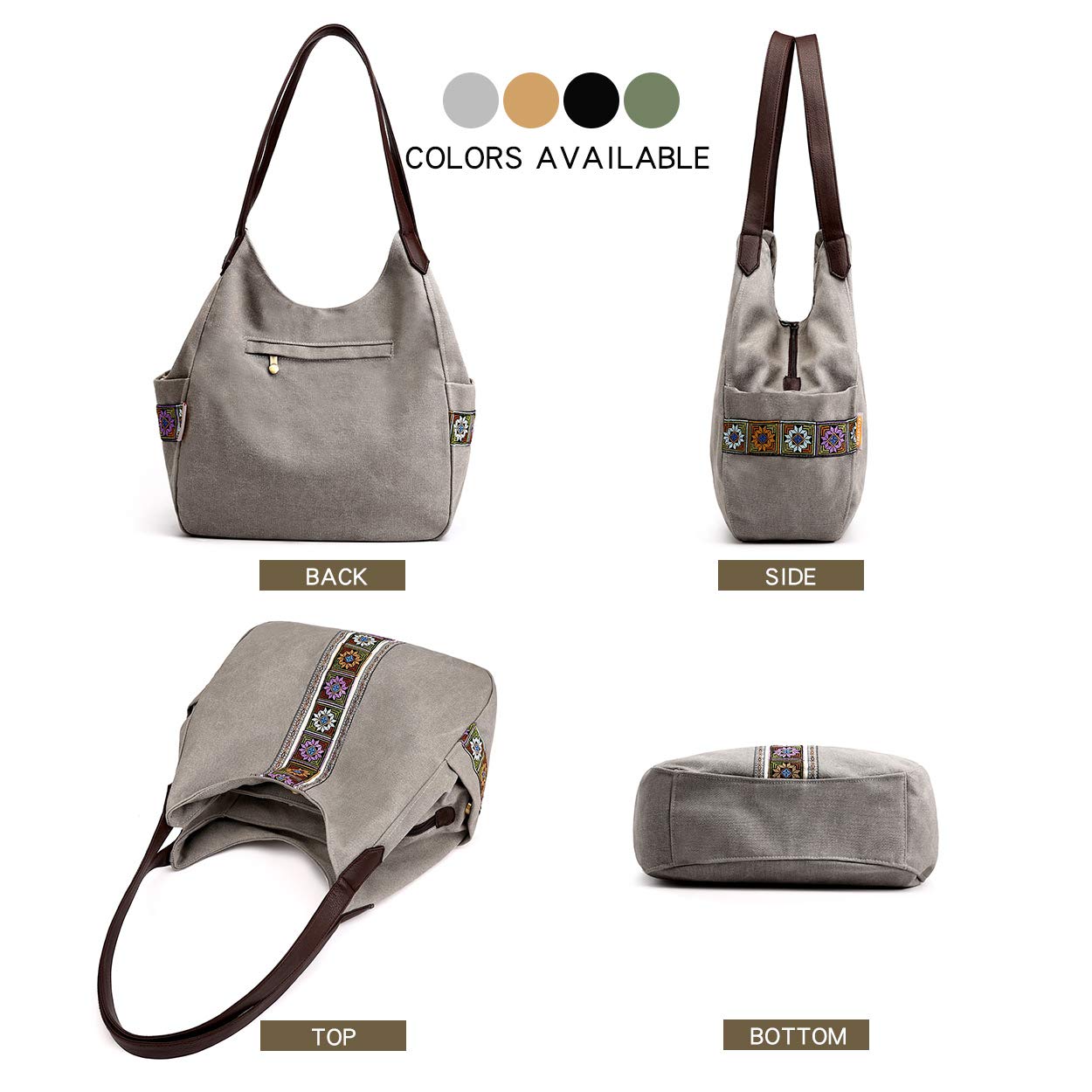 Worldlyda Women Canvas Embroidered Hobo Tote Bag