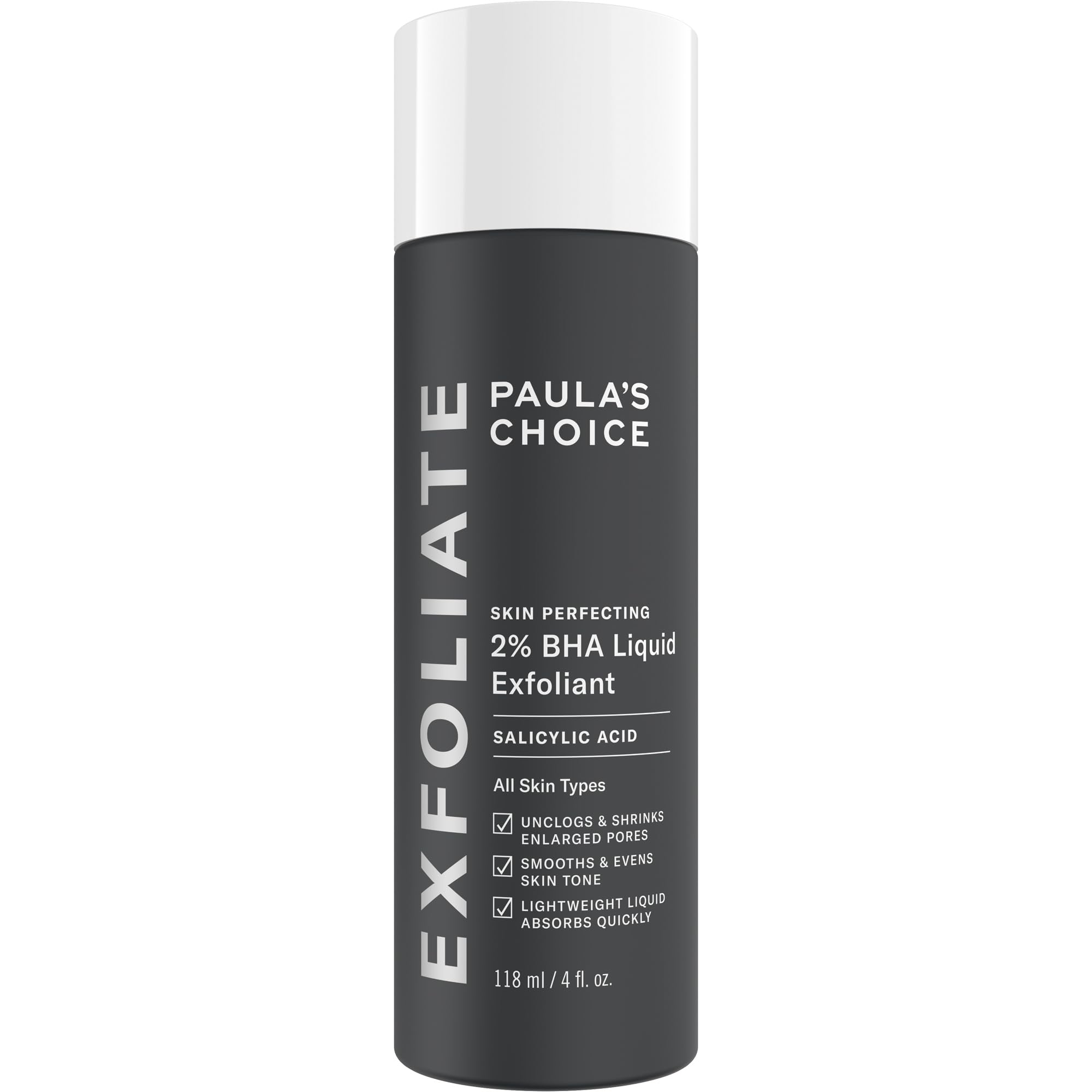 Black bottle with white cap, labeled "Paula's Choice 2% BHA Liquid Exfoliant, 118 ml."