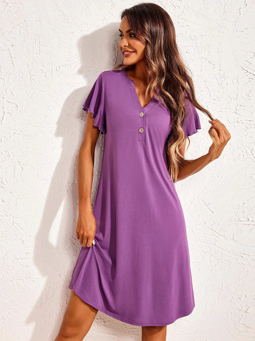Notched Short Sleeve Lounge Dress - Sleepwear by Trendsi | Available at Handbags Specialist Headquarter