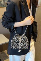 Sequin Chain Drawstring Bucket Bag - Crossbody Bag by Trendsi | Available at Handbags Specialist Headquarter