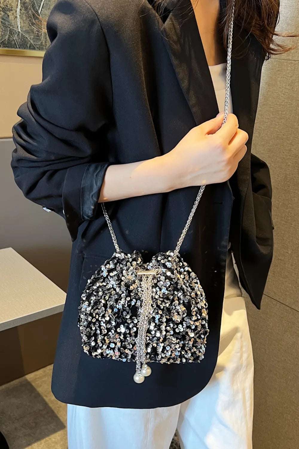 Sequin Chain Drawstring Bucket Bag - Crossbody Bag by Trendsi | Available at Handbags Specialist Headquarter