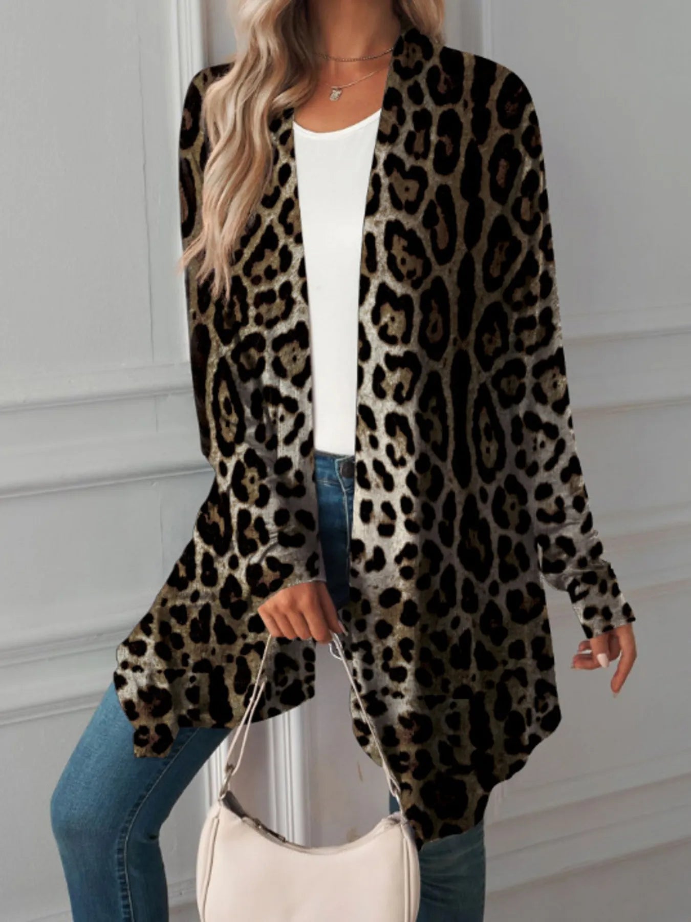 Leopard Print Long Open Front Cardigan - Tops by Trendsi | Available at Handbags Specialist Headquarter