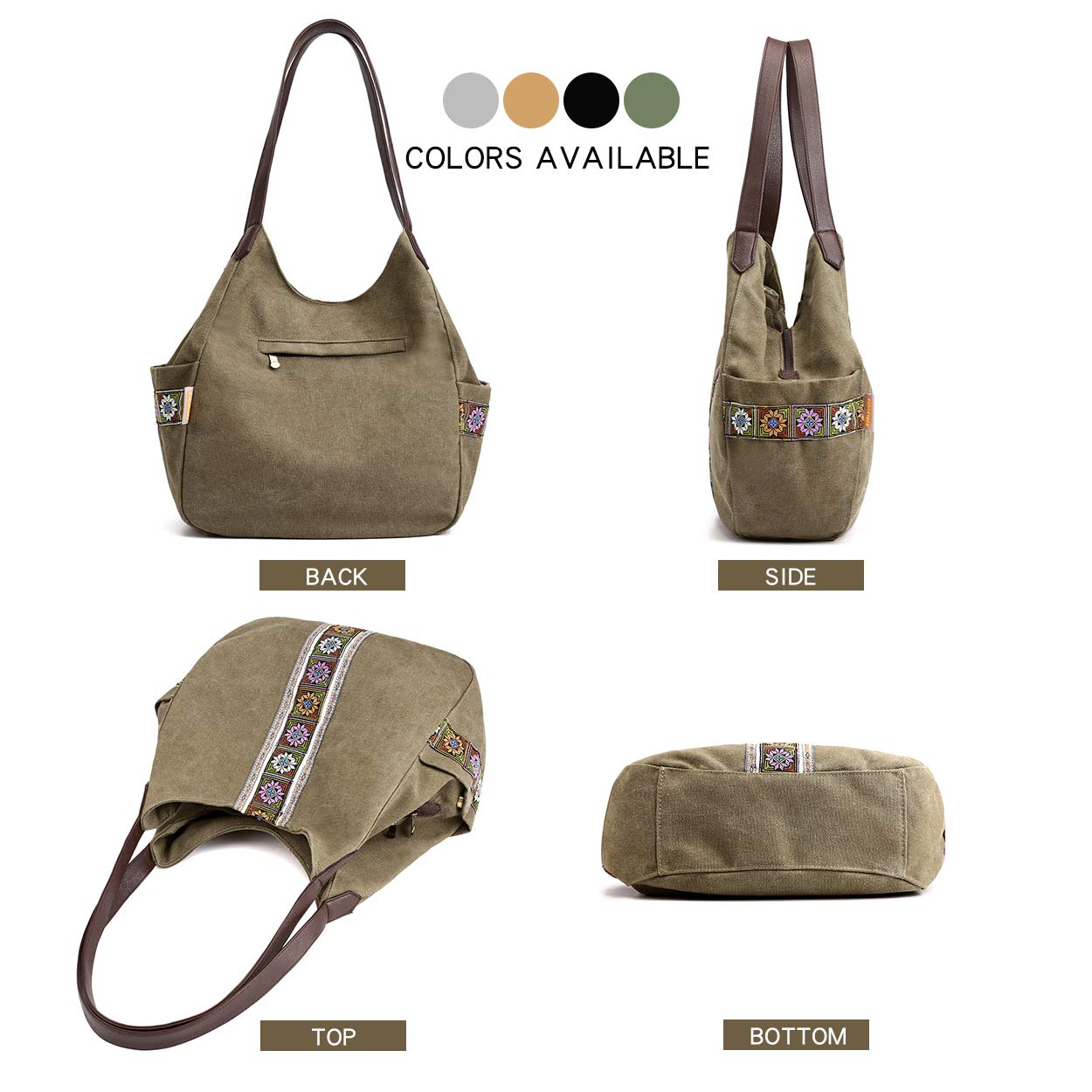 Worldlyda Women Canvas Embroidered Hobo Tote Bag