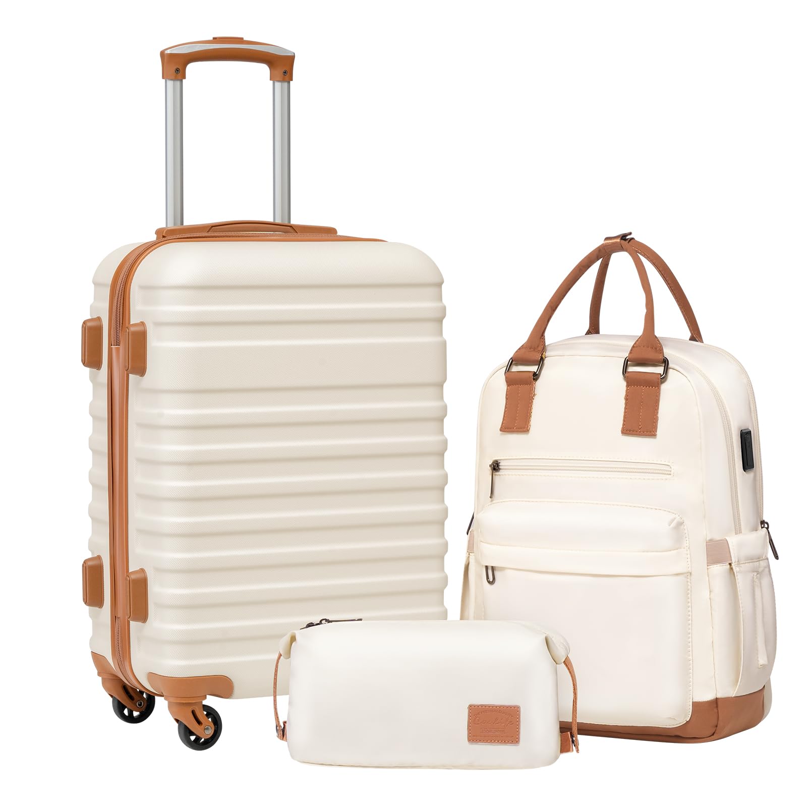Coolife 3-Piece Hardside Luggage Set - Apricot White