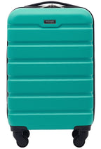 Teal hard-shell suitcase with horizontal ridges and black wheels.