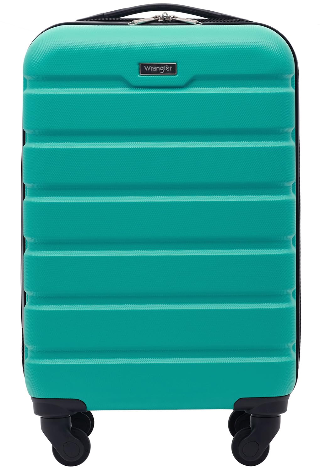 Teal hard-shell suitcase with horizontal ridges and black wheels.
