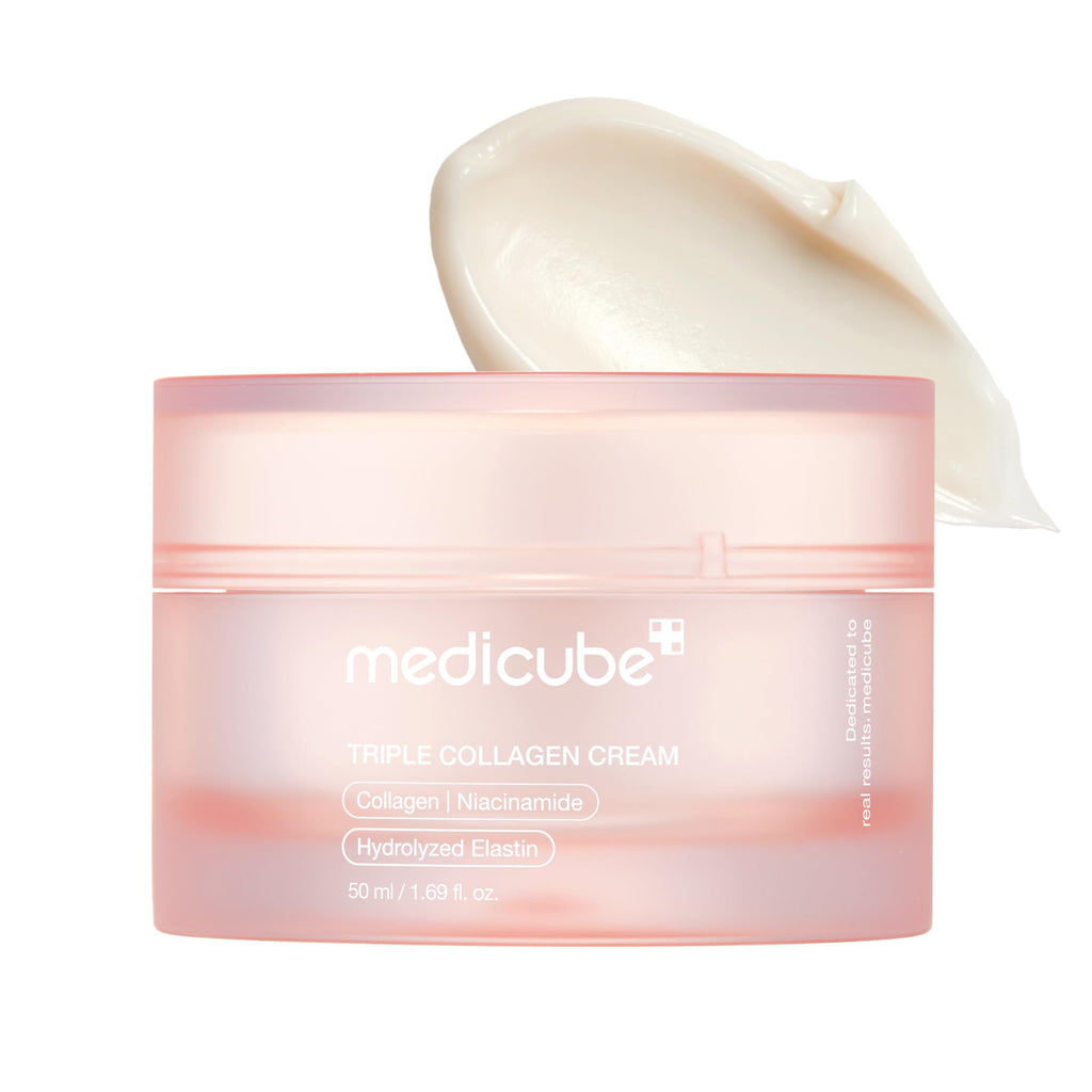 Pink jar of cream labeled "Triple Collagen Cream" with a creamy smear above it.