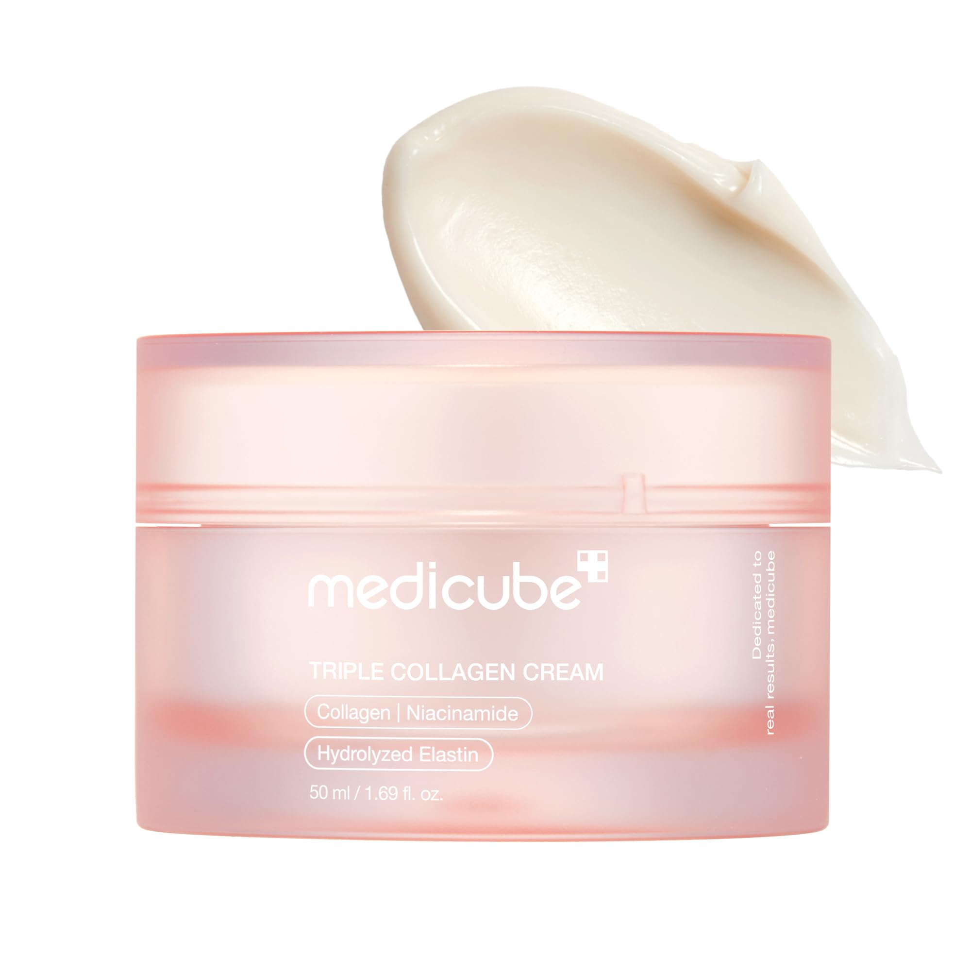 Pink jar of cream labeled "Triple Collagen Cream" with a creamy smear above it.