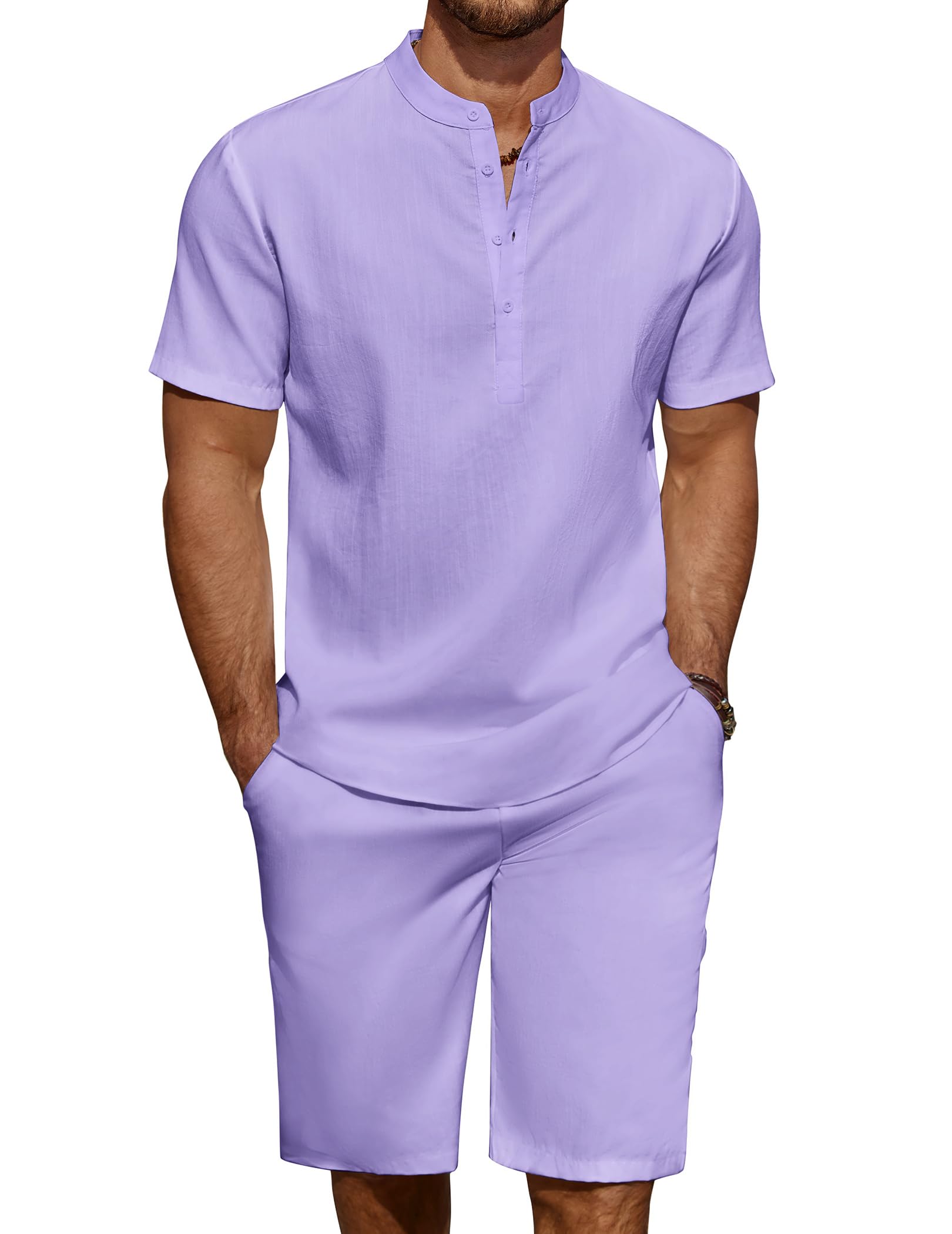 COOFANDY Men's Linen Henley Shirt & Shorts Set