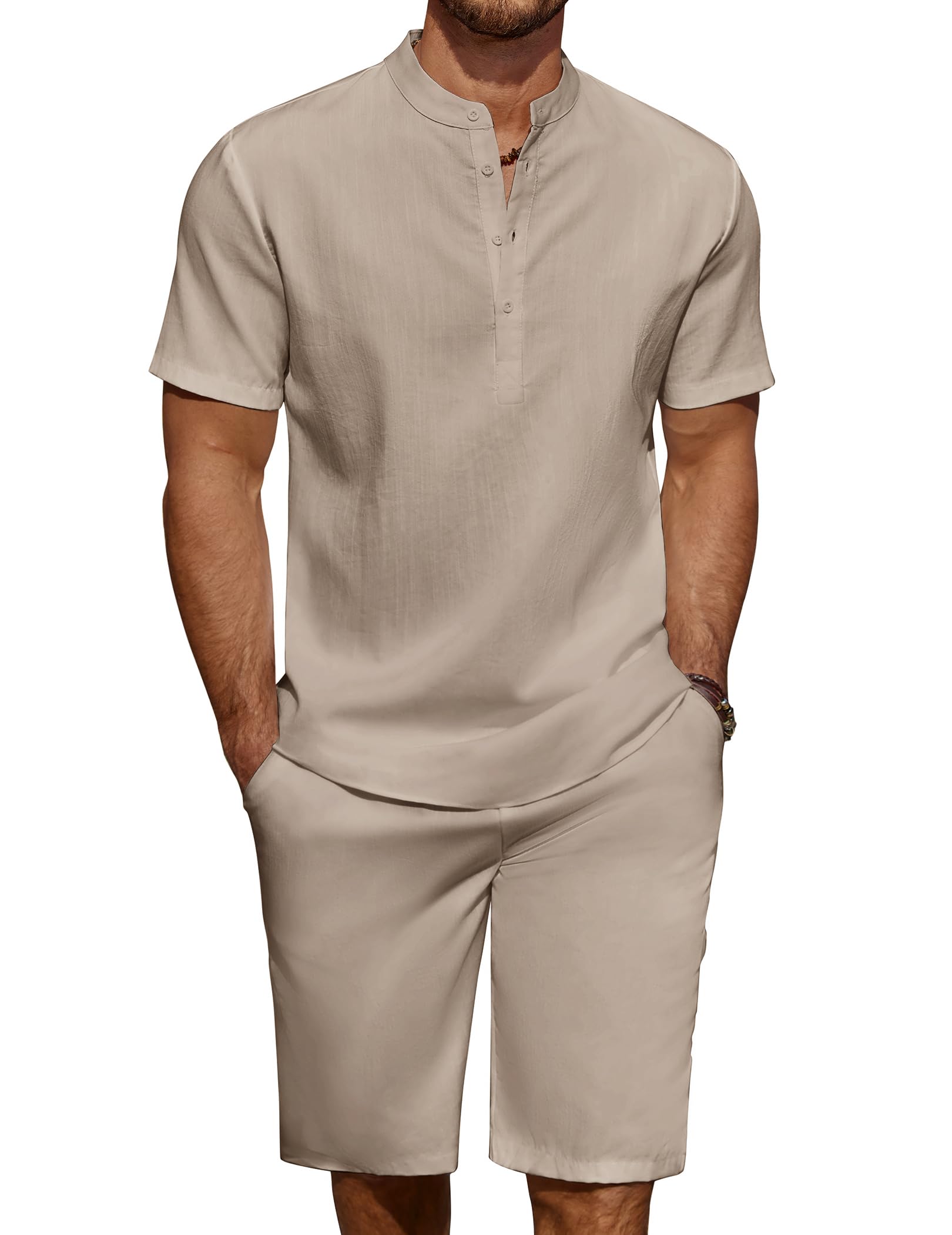 COOFANDY Men's Linen Henley Shirt & Shorts Set