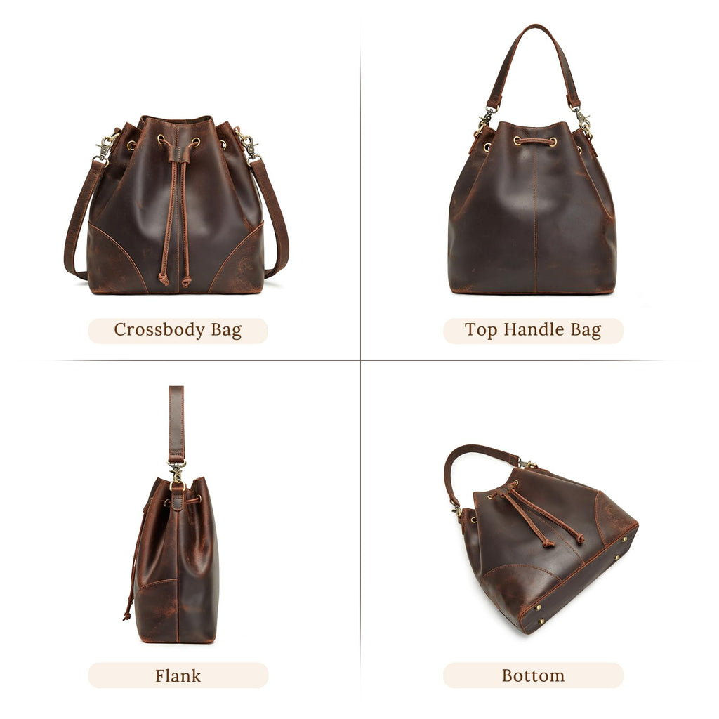 S-ZONE Luxe Leather Drawstring Bucket Bag -  by Handbags Specialist Headquarter | Available at Handbags Specialist Headquarter