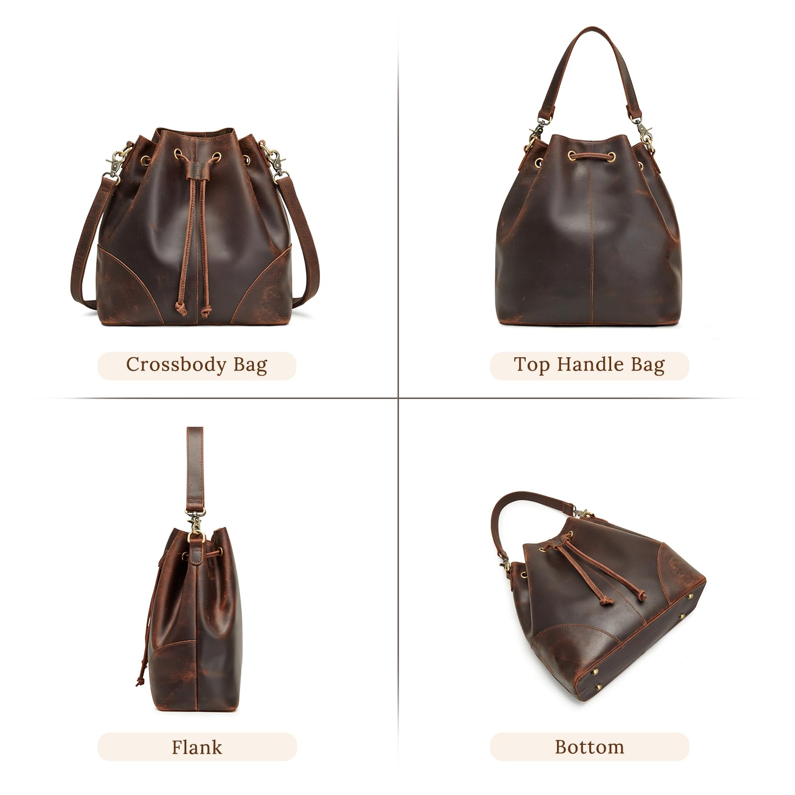 S-ZONE Luxe Leather Drawstring Bucket Bag -  by Handbags Specialist Headquarter | Available at Handbags Specialist Headquarter